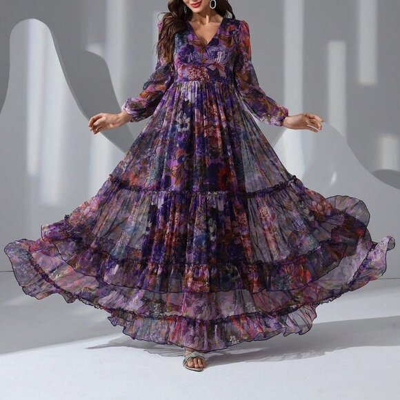Purple Elegant Women's Floral Print long sleeved Frill Trim Maxi Dress - Picture 5 of 6
